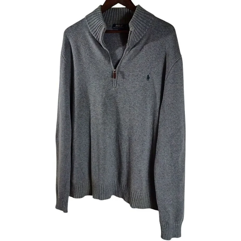 Polo Ralph Lauren XXL Men’s Quarter Zip Sweater Gray Pony Logo Pullover Cotton